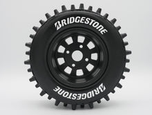 Load image into Gallery viewer, Best rc car tire / wheel sticker decals on the market. Made to fit BRP tires. Includes (8) stickers: "Bridgestone" Logo. Does not include BRP tall super spike tire. This vinyl is long-lasting, specially made for vehicles, and has permanent adhesive properties. Clear transfer tape is on top of the vinyl, to allow seamless transfer to your tires.  Refer to these dimensions to determine fitment: Stickers are 7/16 inch tall, and curved for a 4-1/4 inch diameter rim.