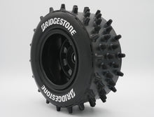 Load image into Gallery viewer, Best rc car tire / wheel sticker decals on the market. Made to fit BRP tires. Includes (8) stickers: "Bridgestone" Logo. Does not include BRP tall super spike tire. This vinyl is long-lasting, specially made for vehicles, and has permanent adhesive properties. Clear transfer tape is on top of the vinyl, to allow seamless transfer to your tires.  Refer to these dimensions to determine fitment: Stickers are 7/16 inch tall, and curved for a 4-1/4 inch diameter rim.