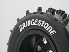 Load image into Gallery viewer, Best rc car tire / wheel sticker decals on the market. Made to fit BRP tires. Includes (8) stickers: "Bridgestone" Logo. Does not include BRP tall super spike tire. This vinyl is long-lasting, specially made for vehicles, and has permanent adhesive properties. Clear transfer tape is on top of the vinyl, to allow seamless transfer to your tires.  Refer to these dimensions to determine fitment: Stickers are 7/16 inch tall, and curved for a 4-1/4 inch diameter rim.