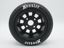 Load image into Gallery viewer, Best rc car tire / wheel sticker decals on the market. Made to fit BRP tires. Includes (8) stickers: "Hoosier" Logo. Does not include BRP 405 street slick tire. This vinyl is long-lasting, specially made for vehicles, and has permanent adhesive properties. Clear transfer tape is on top of the vinyl, to allow seamless transfer to your tires.  Refer to these dimensions to determine fitment: Stickers are 9/16 inch tall, and curved for a 4-1/4 inch diameter rim.