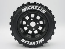 Load image into Gallery viewer, Best rc car tire / wheel sticker decals on the market. Made to fit BRP tires. Includes (8) stickers: "Michelin" Logo. Does not include BRP knobby tire. This vinyl is long-lasting, specially made for vehicles, and has permanent adhesive properties. Clear transfer tape is on top of the vinyl, to allow seamless transfer to your tires.  Refer to these dimensions to determine fitment: Stickers are 7/16 inch tall, and curved for a 4-1/4 inch diameter rim.