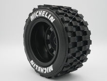 Load image into Gallery viewer, Best rc car tire / wheel sticker decals on the market. Made to fit BRP tires. Includes (8) stickers: "Michelin" Logo. Does not include BRP knobby tire. This vinyl is long-lasting, specially made for vehicles, and has permanent adhesive properties. Clear transfer tape is on top of the vinyl, to allow seamless transfer to your tires.  Refer to these dimensions to determine fitment: Stickers are 7/16 inch tall, and curved for a 4-1/4 inch diameter rim.