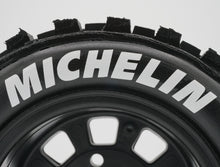 Load image into Gallery viewer, Best rc car tire / wheel sticker decals on the market. Made to fit BRP tires. Includes (8) stickers: "Michelin" Logo. Does not include BRP knobby tire. This vinyl is long-lasting, specially made for vehicles, and has permanent adhesive properties. Clear transfer tape is on top of the vinyl, to allow seamless transfer to your tires.  Refer to these dimensions to determine fitment: Stickers are 7/16 inch tall, and curved for a 4-1/4 inch diameter rim.