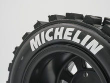 Load image into Gallery viewer, Best rc car tire / wheel sticker decals on the market. Made to fit BRP tires. Includes (8) stickers: "Michelin" Logo. Does not include BRP knobby tire. This vinyl is long-lasting, specially made for vehicles, and has permanent adhesive properties. Clear transfer tape is on top of the vinyl, to allow seamless transfer to your tires.  Refer to these dimensions to determine fitment: Stickers are 7/16 inch tall, and curved for a 4-1/4 inch diameter rim.