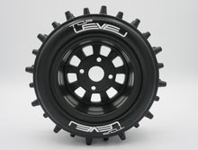 Load image into Gallery viewer, Best rc car tire / wheel sticker decals on the market. Made to fit BRP tires. Includes (8) stickers: "Top Level" Logo. Does not include BRP super spike tire.  This vinyl is long-lasting, specially made for vehicles, and has permanent adhesive properties. Clear transfer tape is on top of the vinyl, to allow seamless transfer to your tires.  Refer to these dimensions to determine fitment: Stickers are 7/16 inch tall, and curved for a 4-1/4 inch diameter rim.