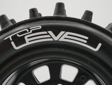 Load image into Gallery viewer, Best rc car tire / wheel sticker decals on the market. Made to fit BRP tires. Includes (8) stickers: "Top Level" Logo. Does not include BRP super spike tire.  This vinyl is long-lasting, specially made for vehicles, and has permanent adhesive properties. Clear transfer tape is on top of the vinyl, to allow seamless transfer to your tires.  Refer to these dimensions to determine fitment: Stickers are 7/16 inch tall, and curved for a 4-1/4 inch diameter rim.