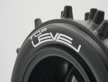 Load image into Gallery viewer, Best rc car tire / wheel sticker decals on the market. Made to fit BRP tires. Includes (8) stickers: "Top Level" Logo. Does not include BRP super spike tire.  This vinyl is long-lasting, specially made for vehicles, and has permanent adhesive properties. Clear transfer tape is on top of the vinyl, to allow seamless transfer to your tires.  Refer to these dimensions to determine fitment: Stickers are 7/16 inch tall, and curved for a 4-1/4 inch diameter rim.