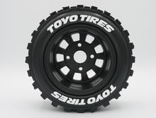 Load image into Gallery viewer, Best rc car tire / wheel sticker decals on the market. Made to fit BRP tires. Includes (8) stickers: "Toyo Tires" Logo. Does not include BRP knobby tire. This vinyl is long-lasting, specially made for vehicles, and has permanent adhesive properties. Clear transfer tape is on top of the vinyl, to allow seamless transfer to your tires.  Refer to these dimensions to determine fitment: Stickers are 3/8 inch tall, and curved for a 4-1/4 inch diameter rim.