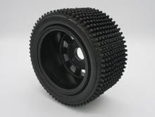 Load image into Gallery viewer, IN-STOCK NOW. BRP Tires: Mini Pin Spikes | 3" Wide 6" Wheel  Made to ensure no ballooning! Therefore, these tires will not blow out due to centrifugal forces, as compared to foam tires competitors.  Performs effectively on hard-packed dirt or semi-loose gravel and similar surfaces.  Recommended for 1/5 scale RC cars. Will require BRP hub adapter or Top Level RC hub adapter.