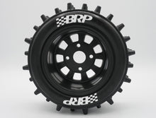 Load image into Gallery viewer, Best rc car tire / wheel sticker decals on the market. Made to fit BRP tires. Includes (8) stickers: &quot;BRP&quot; Logo. Does not include BRP super spike tire. This vinyl is long-lasting, specially made for vehicles, and has permanent adhesive properties. Clear transfer tape is on top of the vinyl, to allow seamless transfer to your tires.  Refer to these dimensions to determine fitment: Stickers are 7/16 in tall, and curved for a 4-1/4 inch diameter rim.
