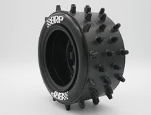 Load image into Gallery viewer, Best rc car tire / wheel sticker decals on the market. Made to fit BRP tires. Includes (8) stickers: &quot;BRP&quot; Logo. Does not include BRP super spike tire. This vinyl is long-lasting, specially made for vehicles, and has permanent adhesive properties. Clear transfer tape is on top of the vinyl, to allow seamless transfer to your tires.  Refer to these dimensions to determine fitment: Stickers are 7/16 in tall, and curved for a 4-1/4 inch diameter rim.
