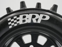Load image into Gallery viewer, Best rc car tire / wheel sticker decals on the market. Made to fit BRP tires. Includes (8) stickers: &quot;BRP&quot; Logo. Does not include BRP super spike tire. This vinyl is long-lasting, specially made for vehicles, and has permanent adhesive properties. Clear transfer tape is on top of the vinyl, to allow seamless transfer to your tires.  Refer to these dimensions to determine fitment: Stickers are 7/16 in tall, and curved for a 4-1/4 inch diameter rim.
