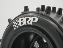 Load image into Gallery viewer, Best rc car tire / wheel sticker decals on the market. Made to fit BRP tires. Includes (8) stickers: &quot;BRP&quot; Logo. Does not include BRP super spike tire. This vinyl is long-lasting, specially made for vehicles, and has permanent adhesive properties. Clear transfer tape is on top of the vinyl, to allow seamless transfer to your tires.  Refer to these dimensions to determine fitment: Stickers are 7/16 in tall, and curved for a 4-1/4 inch diameter rim.
