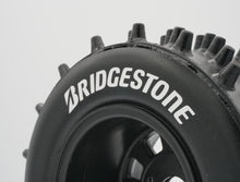 Load image into Gallery viewer, Best rc car tire / wheel sticker decals on the market. Made to fit BRP tires. Includes (8) stickers: &quot;Bridgestone&quot; Logo. Does not include BRP tall super spike tire. This vinyl is long-lasting, specially made for vehicles, and has permanent adhesive properties. Clear transfer tape is on top of the vinyl, to allow seamless transfer to your tires.  Refer to these dimensions to determine fitment: Stickers are 7/16 inch tall, and curved for a 4-1/4 inch diameter rim.
