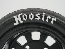 Load image into Gallery viewer, Best rc car tire / wheel sticker decals on the market. Made to fit BRP tires. Includes (8) stickers: &quot;Hoosier&quot; Logo. Does not include BRP 405 street slick tire. This vinyl is long-lasting, specially made for vehicles, and has permanent adhesive properties. Clear transfer tape is on top of the vinyl, to allow seamless transfer to your tires.  Refer to these dimensions to determine fitment: Stickers are 9/16 inch tall, and curved for a 4-1/4 inch diameter rim.
