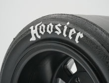 Load image into Gallery viewer, Best rc car tire / wheel sticker decals on the market. Made to fit BRP tires. Includes (8) stickers: &quot;Hoosier&quot; Logo. Does not include BRP 405 street slick tire. This vinyl is long-lasting, specially made for vehicles, and has permanent adhesive properties. Clear transfer tape is on top of the vinyl, to allow seamless transfer to your tires.  Refer to these dimensions to determine fitment: Stickers are 9/16 inch tall, and curved for a 4-1/4 inch diameter rim.
