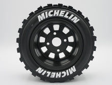 Load image into Gallery viewer, Best rc car tire / wheel sticker decals on the market. Made to fit BRP tires. Includes (8) stickers: &quot;Michelin&quot; Logo. Does not include BRP knobby tire. This vinyl is long-lasting, specially made for vehicles, and has permanent adhesive properties. Clear transfer tape is on top of the vinyl, to allow seamless transfer to your tires.  Refer to these dimensions to determine fitment: Stickers are 7/16 inch tall, and curved for a 4-1/4 inch diameter rim.
