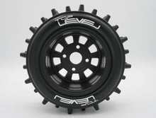 Load image into Gallery viewer, Best rc car tire / wheel sticker decals on the market. Made to fit BRP tires. Includes (8) stickers: &quot;Top Level&quot; Logo. Does not include BRP super spike tire.  This vinyl is long-lasting, specially made for vehicles, and has permanent adhesive properties. Clear transfer tape is on top of the vinyl, to allow seamless transfer to your tires.  Refer to these dimensions to determine fitment: Stickers are 7/16 inch tall, and curved for a 4-1/4 inch diameter rim.
