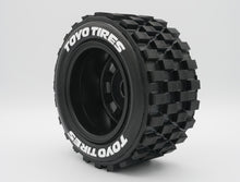 Load image into Gallery viewer, Best rc car tire / wheel sticker decals on the market. Made to fit BRP tires. Includes (8) stickers: &quot;Toyo Tires&quot; Logo. Does not include BRP knobby tire. This vinyl is long-lasting, specially made for vehicles, and has permanent adhesive properties. Clear transfer tape is on top of the vinyl, to allow seamless transfer to your tires.  Refer to these dimensions to determine fitment: Stickers are 3/8 inch tall, and curved for a 4-1/4 inch diameter rim.
