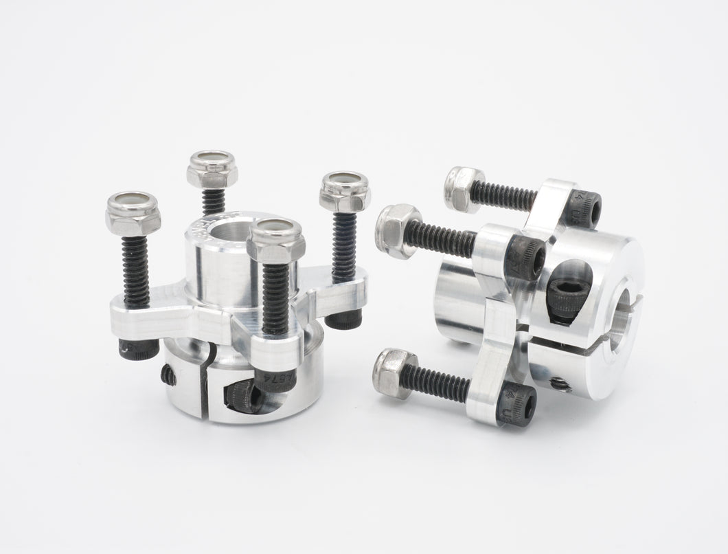 These are 12mm Universal Axle Clamp style BRP Wheel Hub Adapters. Fits most cars with a 12mm axle. Made from 6061 aluminum. 76g each. Set of 2.  Includes:  (2) BRP Wheel Hub Adapters (12mm Universal Axle Clamp) (12) Socket head bolts (8) Nuts